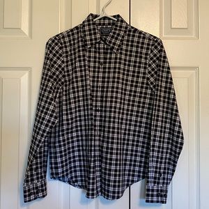 Checkered button down shirt.